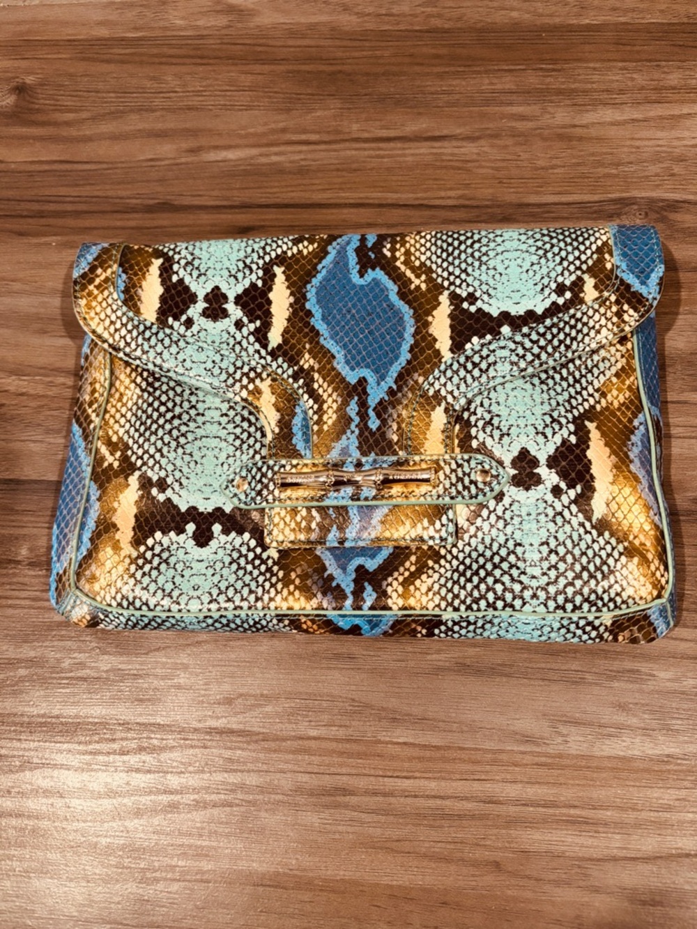 Elaine Turner Python-Print Envelope Clutch in Turquoise, Gold & Brown